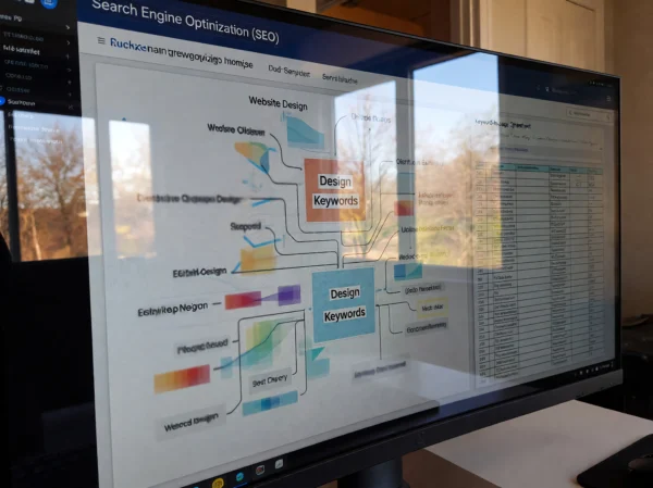 Close-up of an SEO dashboard showing a keyword strategy map and spreadsheet